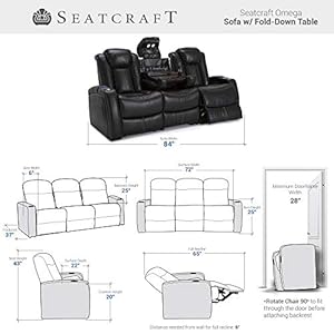 Seatcraft omega home theater seating living room leather gel power recline power headrests ac and usb charging lighted cup holders fold down table sofa black  urban country home decor