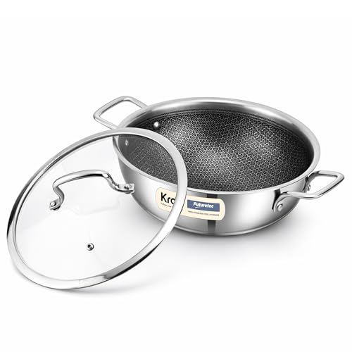 Image of Kraft Futuretec Pro Triply Honeycomb Kadai with Glass Lid - 2.5 litres, 22 cm | Stainless Steel Kadai for Cooking | Stick-Resistant Hexa Design | Metal Spatula Safe | Induction & Gas Compatible
