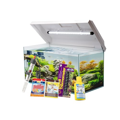 VIALIA Aquarium Set mit Juwel LED Abdeckung weiß 60x30x30 cm, 54 Liter Glasbecken mit Starterset aus Heizer, Thermometer, Wasseraufbereiter und Fischfutter VIALIA Aquarium Set mit Juwel LED Abdeckung weiß 60x30x30 cm, 54 Liter Glasbecken mit Starterset aus Heizer, Thermometer, Wasseraufbereiter und Fischfutter