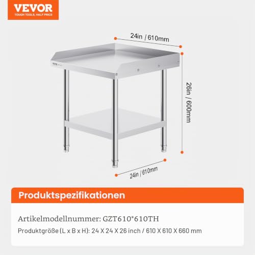 VEVOR Arbeitstisch Edelstahl, gewerblicher Arbeitstisch zur Lebensmittelzubereitung, 3-seitiger Spritzschutz, 61 x 61 x 66 cm