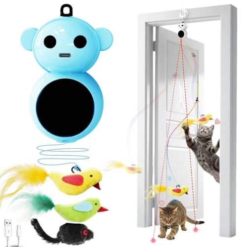Image of Interactive Cat Toys for Indoor Cats - 2 in 1 Automatic Laser Pointer Cat Toy with Feather Flying Bird,Smart Moving Mouse Wand Toy, Auto On /Off Hanging Toys for Bored Kitten & Adult Cats(Blue)