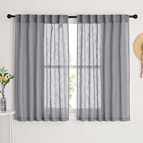 PONY DANCE Dark Grey Half Curtains for Windows - Faux Linen Look Curtains Back Tab Cafe Short Semi Sheer Beach Curtains for Bathroom Small Window Treatment Tier,Kitchen Curtains 45 inch Length,2 PCS