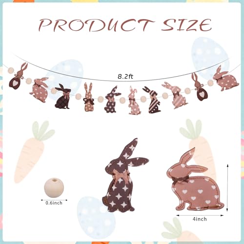 Image of Easter Felt Garland Brown Easter 3D Bunnies with Wooden Beads Banner Holiday Decorative Hanging Bunting Garland for Spring Home Mantel Fireplace Window Wall Decor