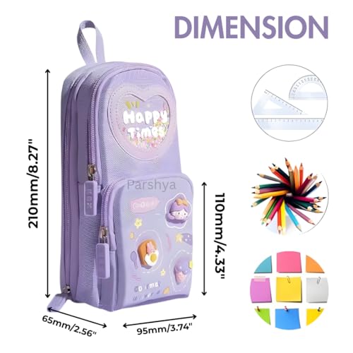 Image of Parshya Large Capacity Pencil Pouch for Girls | Waterproof Multi-Layer Pen Case with 3D Stickers, Silicone Zip Pullers & Carry Handle | Perfect for School Students, Kids, Artists & Office Stationery