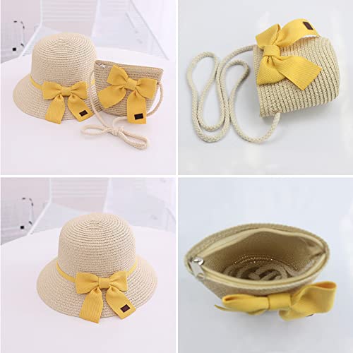 Hand-Woven Straw Hat with Handbag Set Sun Hat for Summer Vacations with Bowknot Summer Hat Crossbody Bag for Girls3