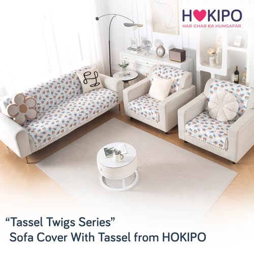 Image of HOKIPO Abstract Petals Quilted Sofa Cover 5 Seater with Tassels Set - Sofa Cover for Seat & Back | 'Tassel Twigs' Series (IN-991-T10 + IN-989-T10)