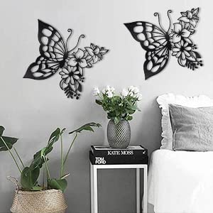 Image of 2pcs Butterfly Decoration Wall Art Boho Wall Home Decor Hanging Appearance Wall Decor Metal Hanging Butterfly Decor Flower Wall Art for Bedroom Living Room Home Wall,Black(Medium)