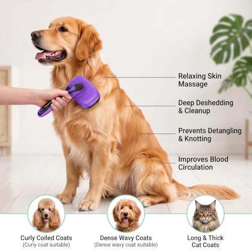 Image of 5 PCS Dog Grooming Brush Kit, Shedding for Long Haired Cats & Dogs | Self Cleaning Slicker Hair Brush, Skin Friendly Deshedding Grooming Tool for Small Large Dogs Cats Puppy Brush Set
