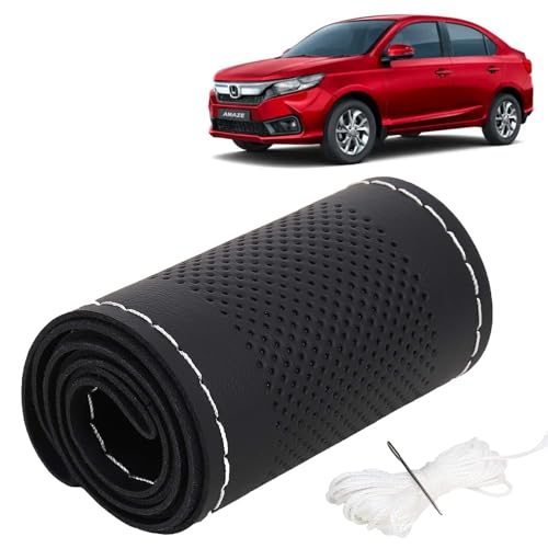 Image of KINGSWAY PU Leatherite Car Steering Cover Sewable Compatible with Honda Amaze (Year 2023 Onwards), Black Color with Silver Thread, Pack of 1 with Sewing Needle and Thread