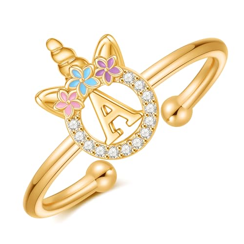 Unicorn Rings Gifts for Girls Daughter - Adjustable Initial Ring Dainty Cute Unicorn Rings for Girl Teens Little Girls Jewelry Birthday Gift