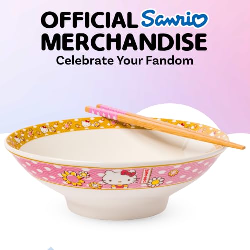Image of Silver Buffalo Sanrio Hello Kitty Pink, Ramen Bowl with Chopsticks, 30oz | Gold Japanese Pattern with Flowers, Ceramic, Noodle Rice, Microwave Safe, 0.89 Liters