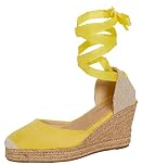 Lora Dora Womens Espadrille Wedge Sandals Ladies Strappy Hessian Wedges Summer Shoes Ankle Tie Leg Straps Lemon Yellow 4 UK