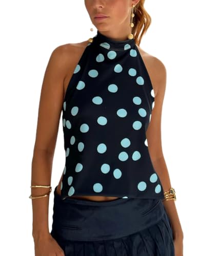 Open Back High Neck Tank Tops for Women Halter Mockneck Sleeveless Backless Floral Crop Top Y2k Summer Going Out Tops