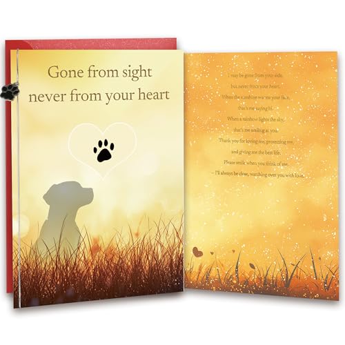 TzenvoGift Dog Loss Sympathy Card – “Gone from Sight, Never from Your Heart” – Pet Memorial Greeting Card with Printed Inside – Includes Envelope & Stickers