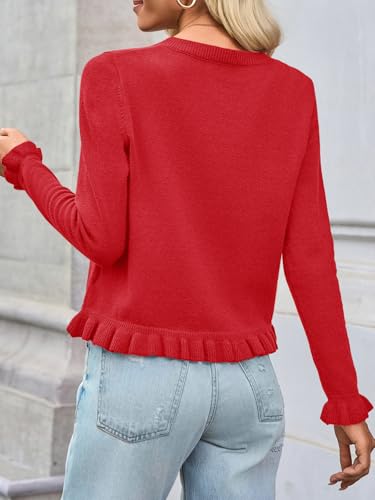 Image of Saodimallsu Womens Ruffle Cardigan Sweaters Button Up Crew Neck Long Sleeve Cropped Sweater Cute Soft Knit Tops