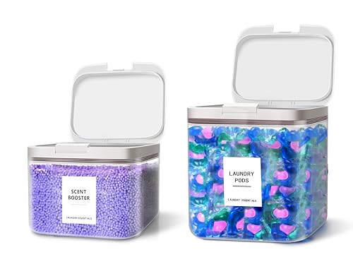 2 Pack Laundry Pods Container for Laundry Room Organization, Laundry Pod Up Holder with 30 Labels and Scoops, Laundry Detergent Powder Container, Dryer Sheet Holder