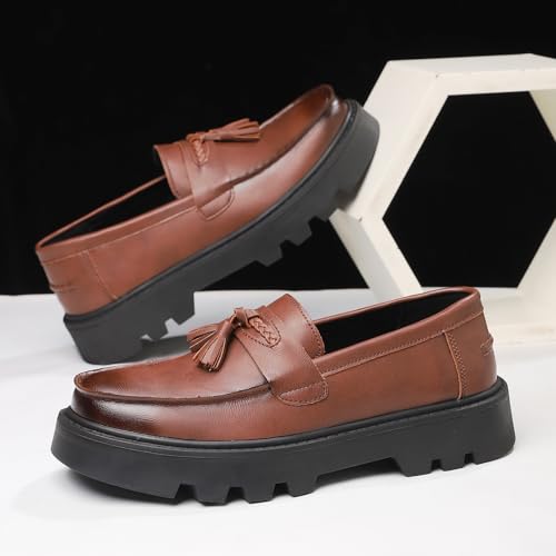 Image of Men's Black Soft Patent Leather Platform Chunky Heel Loafers Fashion Tassel Business Casual Formal Work Shoes Non-Slip Lug Sole Slip-On Penny Loafers