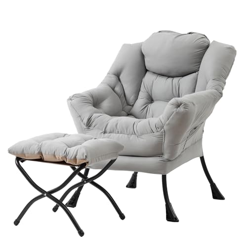 Image of Tiita Lazy Chair with Ottoman, Light Grey Modern Large Accent Chair, Comfy Leisure Sofa Armchair with Ottoman, Reading Chair with Footrest for Bedroom, Living Room, Dorm Rooms, Peach Light Grey