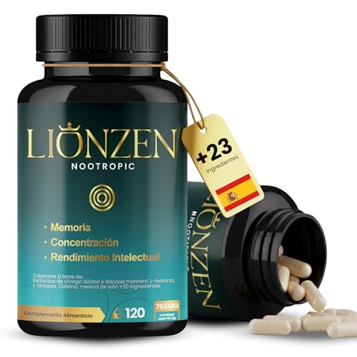 Nootropico concentrado para Memoria y Concentración | +23 Ingredientes naturales | Bacopa, Ginkgo Biloba, Cafeína, Melena león, Vitaminas, Magnesio, L-Tirosina, Ashwagandha, Ginseng. LIONZEN NOOTROPIC
