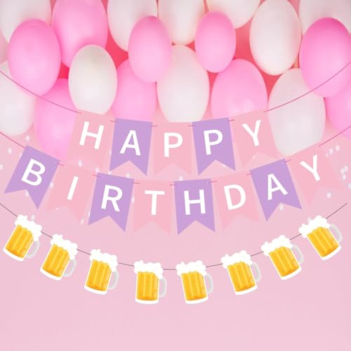 Image of Beer Birthday Banner for Beer Party and Birthday Wedding Party Supplies (Pink+Purple)