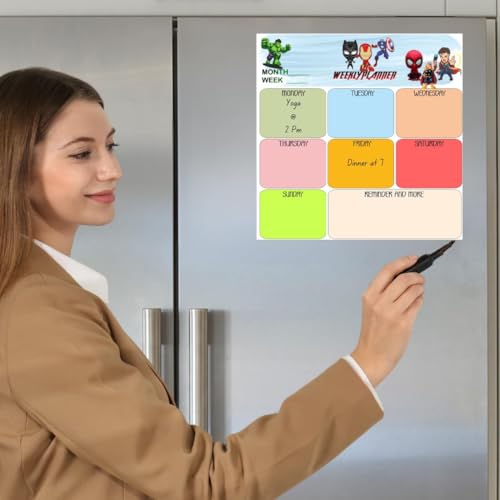 Image of Zesta Vinyl Magnetic Planner for Fridge | Cute Weekly Planner /Meal Planner with Marker | Rewritable Magnetic White Board for Fridge (Superhero)