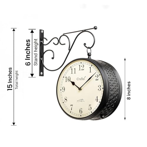 Image of CRAFTEL Double Sided Station Wall Clock Powder Coated Finish | Both Side English Numerals | Aluminum Matte-Finish Dial Brass Body | Dial - 8 Inches, Matte Black | 365 Days Warranty