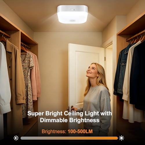 Image of Yunaking Rechargeable Ceiling Light with Motion Sensor: Battery Operated LED Closet Light with Remote & Timing - Wireless Dimmable Magnetic Mount Shower Lamp for Bathroom /Stairs /Garage /Hallway