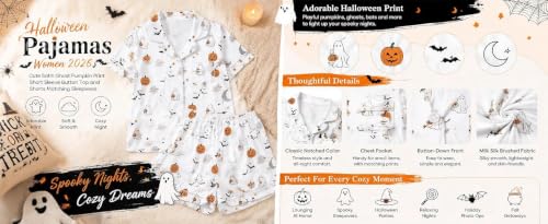 WWPPAION Womens Halloween Pajamas Set 2 Piece Ghost Pumpkin Print Shirts And Shorts Button Down Short Sleeve Sleepwear - image 5