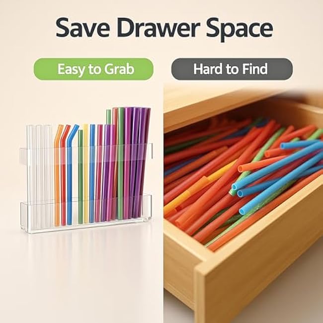 9.5¡± Large Acrylic Straw Holder for Cabinet Door - Reusable Tumbler Straw Organizer Storage, Small Kitchen Accessories Container, Ultra Sticky Cupboard Door Mounted (Transparent)