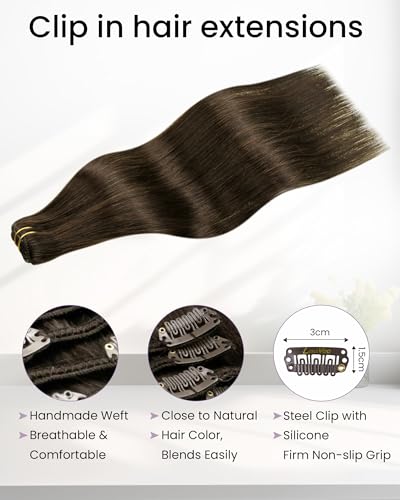 Image of LaaVoo Human Hair Clip In Extensions, 5pcs 80g, For Special Occasion | Hair Extensions Clip Ins, Creates Fuller Silhouette, Suited For Event Styling With Warm Chocolate Brown 14inch