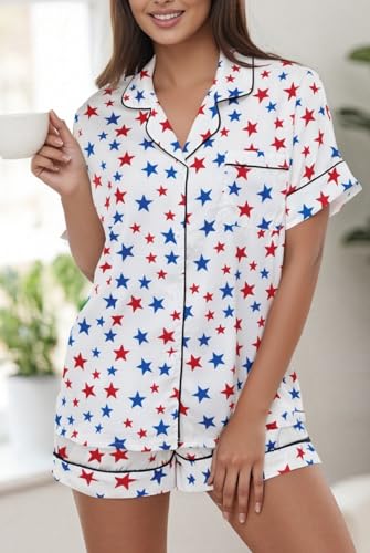 Image of Argeousgor Women 4th Of July Pajama Sets American Flag Short Sleeve Shirt and Shorts 2 Piece Independence Day Pajamas Set