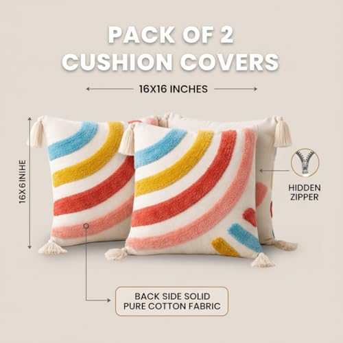 Image of COZY FURNISH Decorative Throw Pillow Covers 16x16 Inch Pack of 2 - Premium Boho Cushion Covers for Couch, Sofa, Bed, Living Room & Bedroom Home Decor (Multicolor)