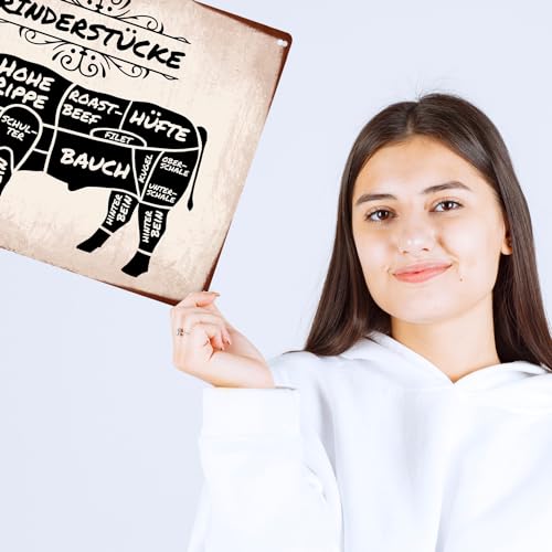 Rinderstücke BBQ Beef Fleischstücke Metallschild XXL in 28x38 cm Blechschild für den Grill als Dekoration für Grillfans und Fleischesser