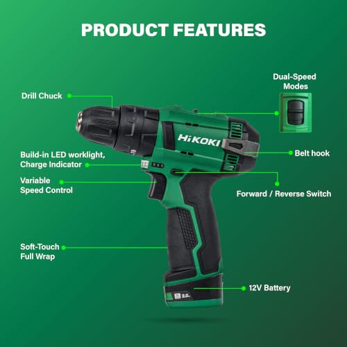 Image of HIKOKI DV12DE - Cordless Impact Driver Drill, 12V With 10mm Keyless Drill Chuck, 2 Speed Gear, 35 Nm Tightening Torque, Built-In Led Light, 1 Kg, 2 Batteries, Charger & Carry Case Included