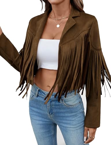 MATEAM Tassel Jacket For Women Cowgirl Fringe Faux Suede Leather Lined Jackets Womens Coats Western Tops Country Concert 80s Outfits Dark Brown L