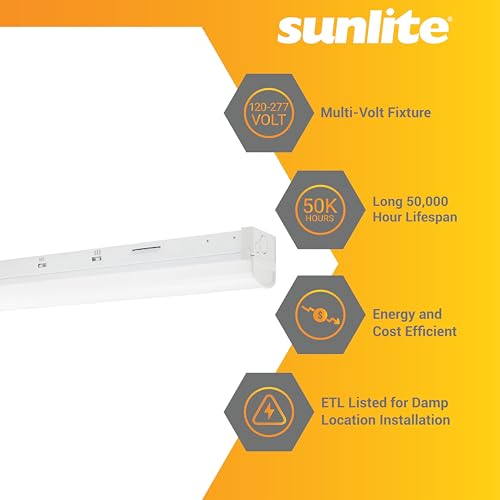Image of Sunlite 4-Foot LED Linear Strip Light Fixture, Power Selectable 28W /35W /40W, 120-277 Volts, 3640-5200 Lmns, Color Selectable 35K /40K /50K, Dimmable, ETL & DLC Listed, RoHS, 140 Degree Beam Angle, White