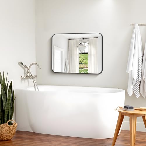 Image of Bathroom Mirror, 30 x 24 inch Metal Framed Black Rectangle Mirror, Rounded Corner Rectangular Vanity Mirror, Wall Mounted Mirror for Modern Bedroom Living Room Hangs Horizontal or Vertical