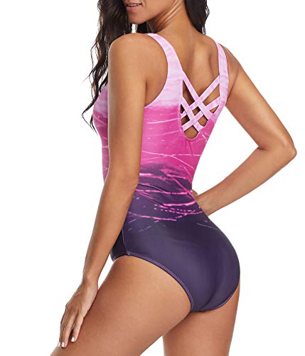 American Trends One Piece Swimsuit Women Criss Cross Back Color Block Print Bathing Suits Athletic Modest Swimwear2