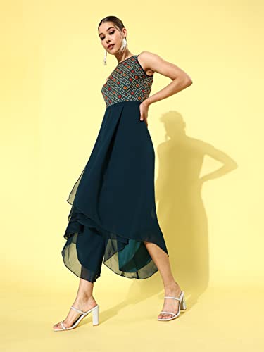 Image of Miss Chase Women's Multicolored-Base-Teal Round Neck Sleeveless Embroidered Regular Jumpsuit