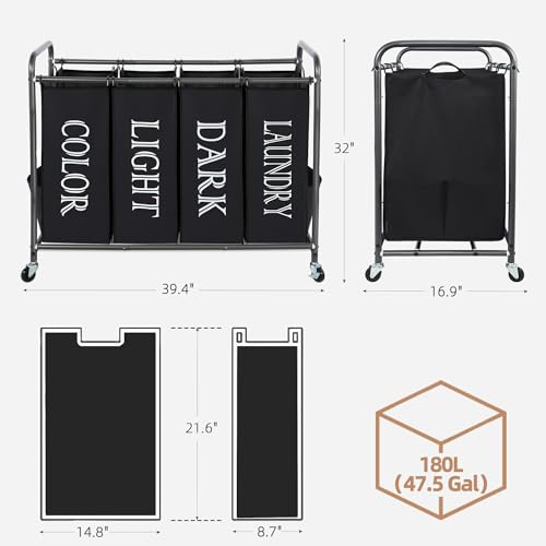 Image of STORAGE MANIAC Laundry Sorter 4 Section, 47.5 Gal (180 L) Laundry Hamper with Wheels, Clothes Divider Basket Sorter, Separator Hamper Cart with Removable Bags, Label Black