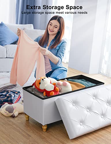 Nicehill 30 Inches Folding Storage Ottoman Bench(2022 Upgraded) With Wooden Legs, Faux Leather Ottoman With Storage, Load 350Lbs, Storage Bench For Bedroom, Living Room & Hallway, Foot Rest White #TOP1