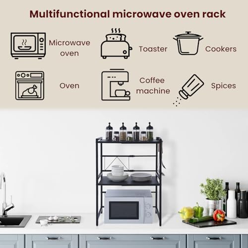 Étagère micro-ondes extensible à 3 niveaux et 6 crochets noirs