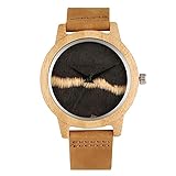 Band Material: Leather CAIDAI&YL Natural Bamboo Watch Men Quartz Wristwatch White Strips Black Round Dial Wooden Men\'s Watch Brown Watch Band,Brown
