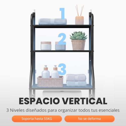 Miniatura 5 de Jupplies Estanteria Baño Sobre Inodoro 47 26 153 Cm - Mueble Baño Wc De 3 Niveles Con Patas Regulables Y Soporte Antivuelco - Estante De Almacenamiento Impermeable, Organizador Para Toallas - Negro