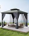 GarveeLife Hardtop Gazebo 12'x12' for All Weather, with Double Metal Roof, Aluminum Alloy Frame, Net, and Curtain, Permanent Building for Patio, Deck, Backyard, Lawn, and Garden, Gray