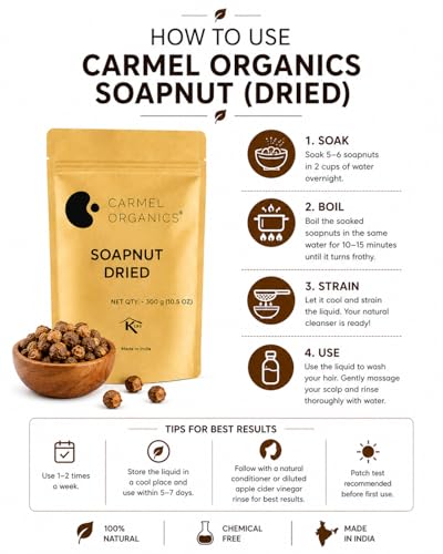 Image of CARMEL ORGANICS Soapnut /Reetha Whole 300 Grams | Pure Reetha Pods, Natural Hair Cleanser & Conditioner, Chemical-Free & Eco-Friendly, No Added Preservatives, Kumkudukai