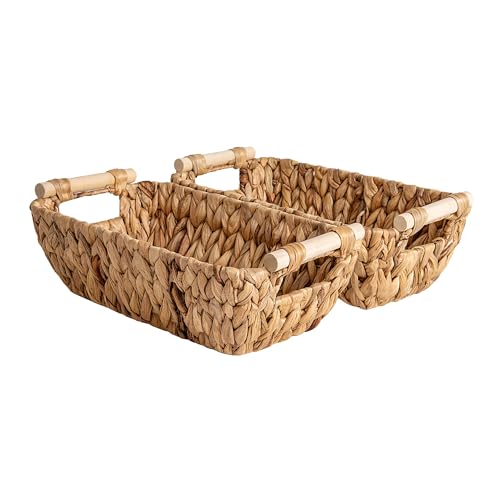 StorageWorks Hand-Woven Small Wicker Baskets, Water Hyacinth Storage Baskets with Wooden Handles, 12" x 7.2" x 4.3", 2-Pack