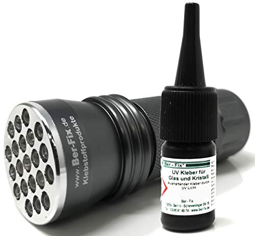 Ber-Fix Pegamento UV con lámpara Set de pegamento para vidrio y vidrio metal 3 g de baja viscosidad + linterna UV 21 LED 395 nm