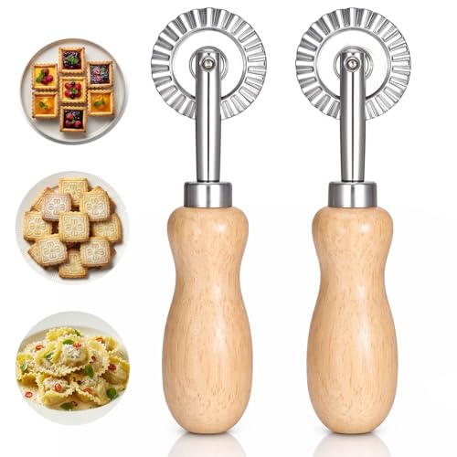 Pasta Cutter Set, 2 PCS Dough Cutting Wheels with Wooden Handle, Fluted Pastry Ravioli, 1.5 Inch Diameter Pie Crust-Cutter for Kitchen Use