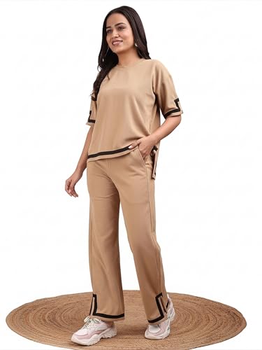 Image of ELLITI Women's Co-ord Set, Down Short Sleeve Top and Wide Leg Trousers with White Trim